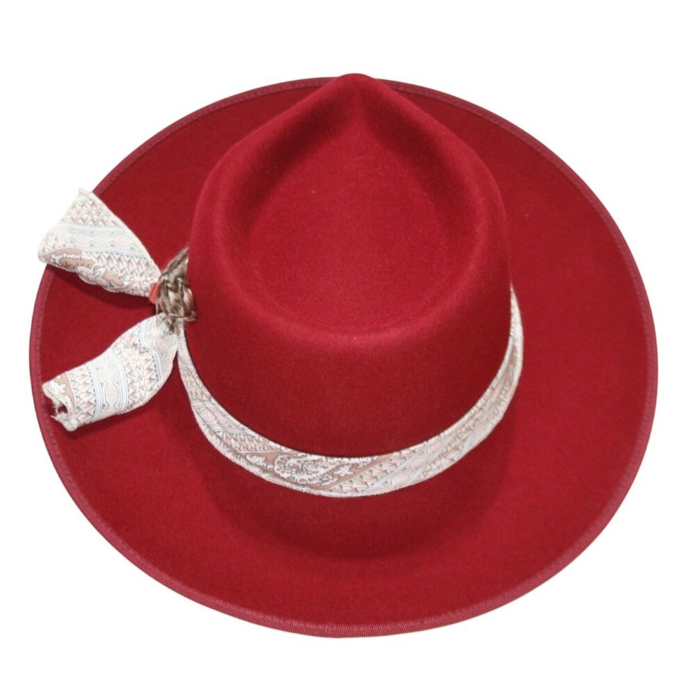 Wyeth Womens Red Wool Felt OS Hat Rancher Fedora Western Boho Cowgirl Chic - Picture 4 of 7